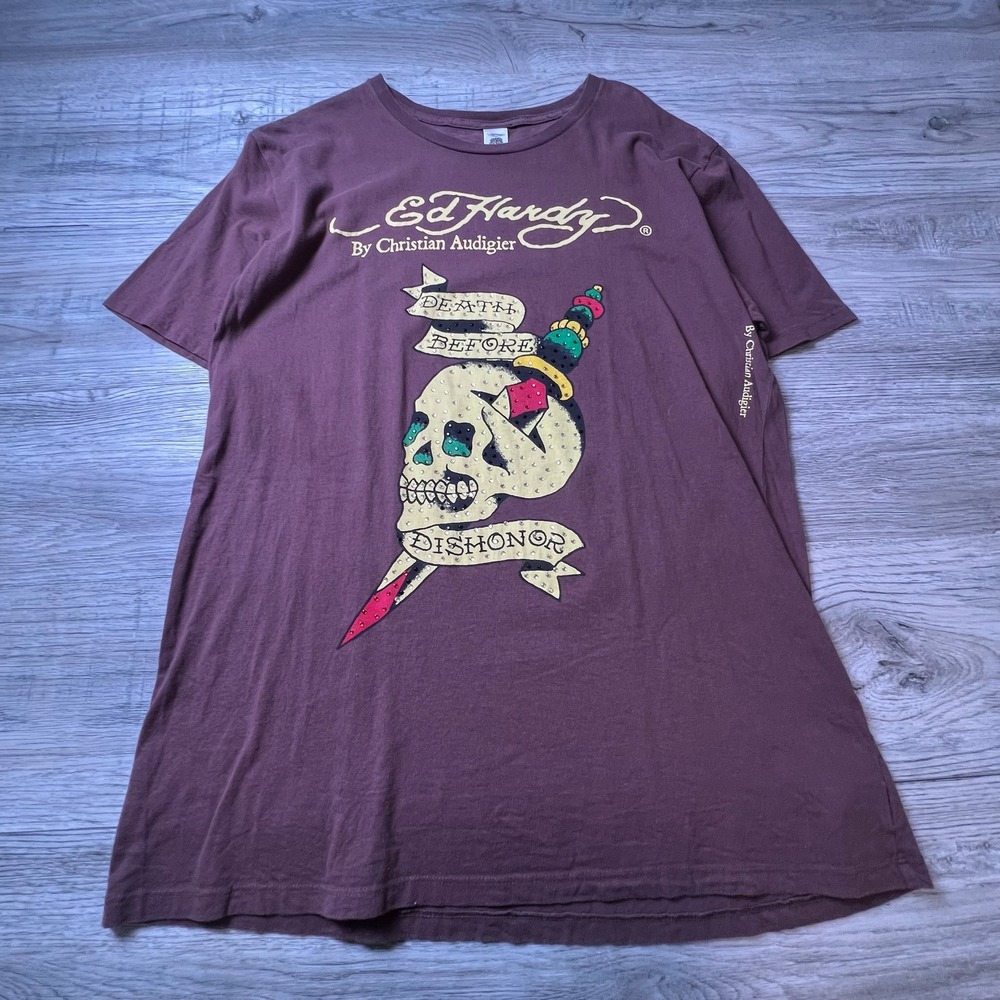 Ed Hardy T Shirt Mens XL Burgundy Death Before‎ Dishonor Skull Rhinestone Y2K